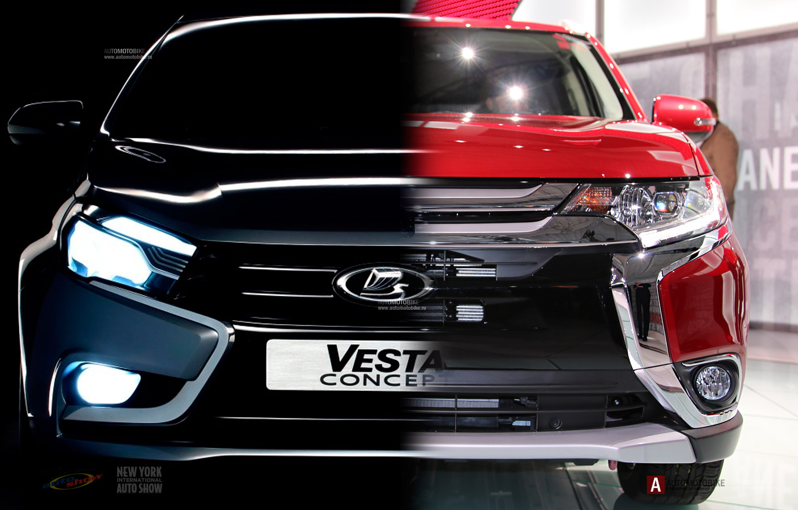 Сравнение передней части решетки радиатора Lada Vesta и Mitsubishi Outlander 2016 - фотографии сравнения